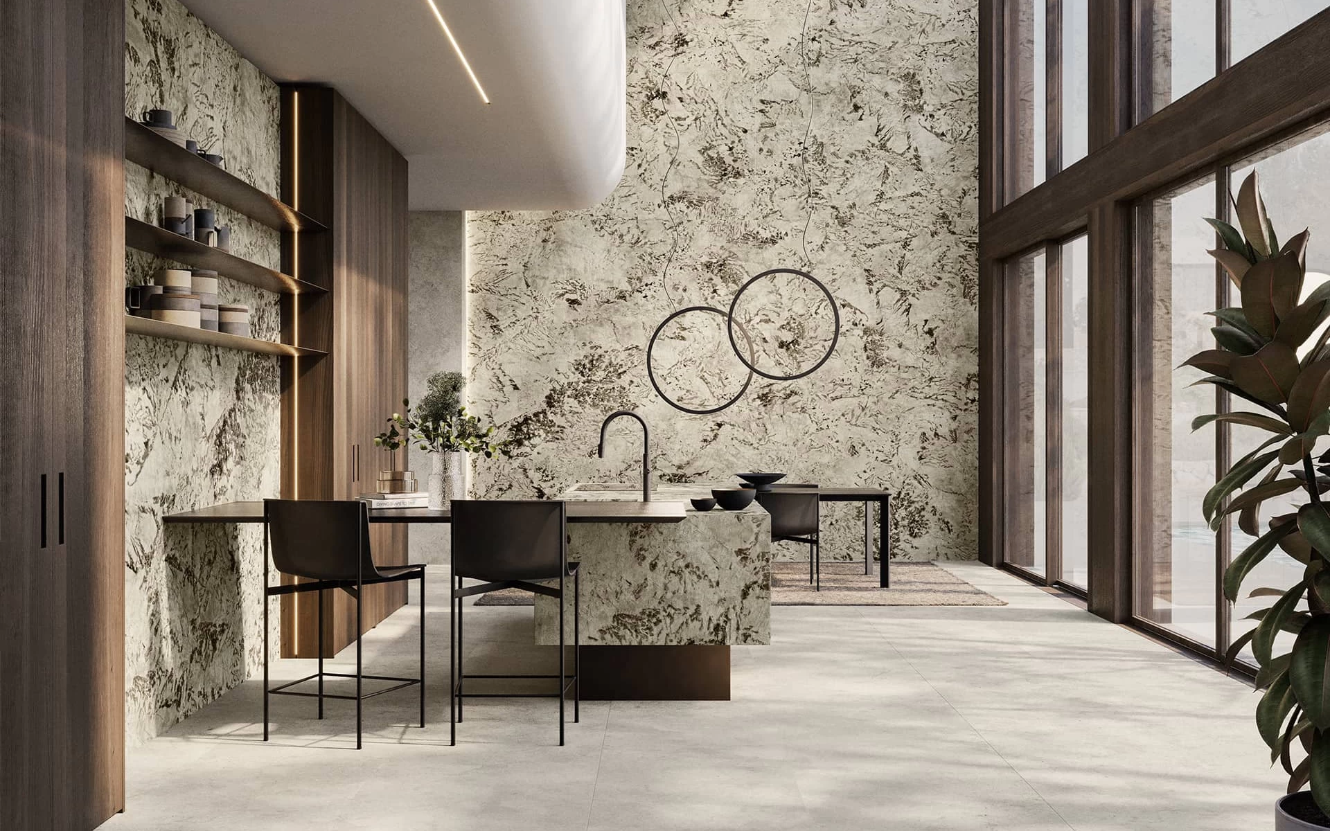 Open-plan kitchen with central island clad in Alpinus marble-effect porcelain stoneware by Atlas Plan, coordinated walls and large, bright windows.