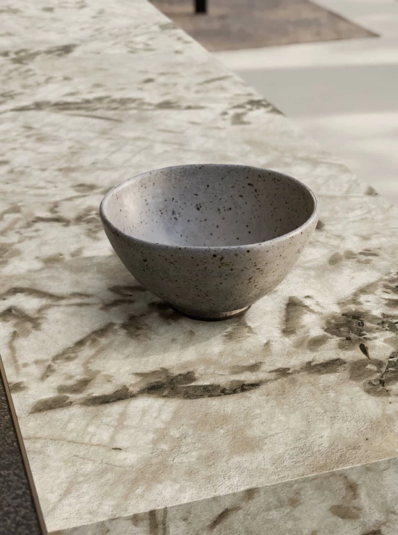 Close detail of the Alpinus marble-effect porcelain surface, featuring dark veining and beige nuances inspired by natural granite.