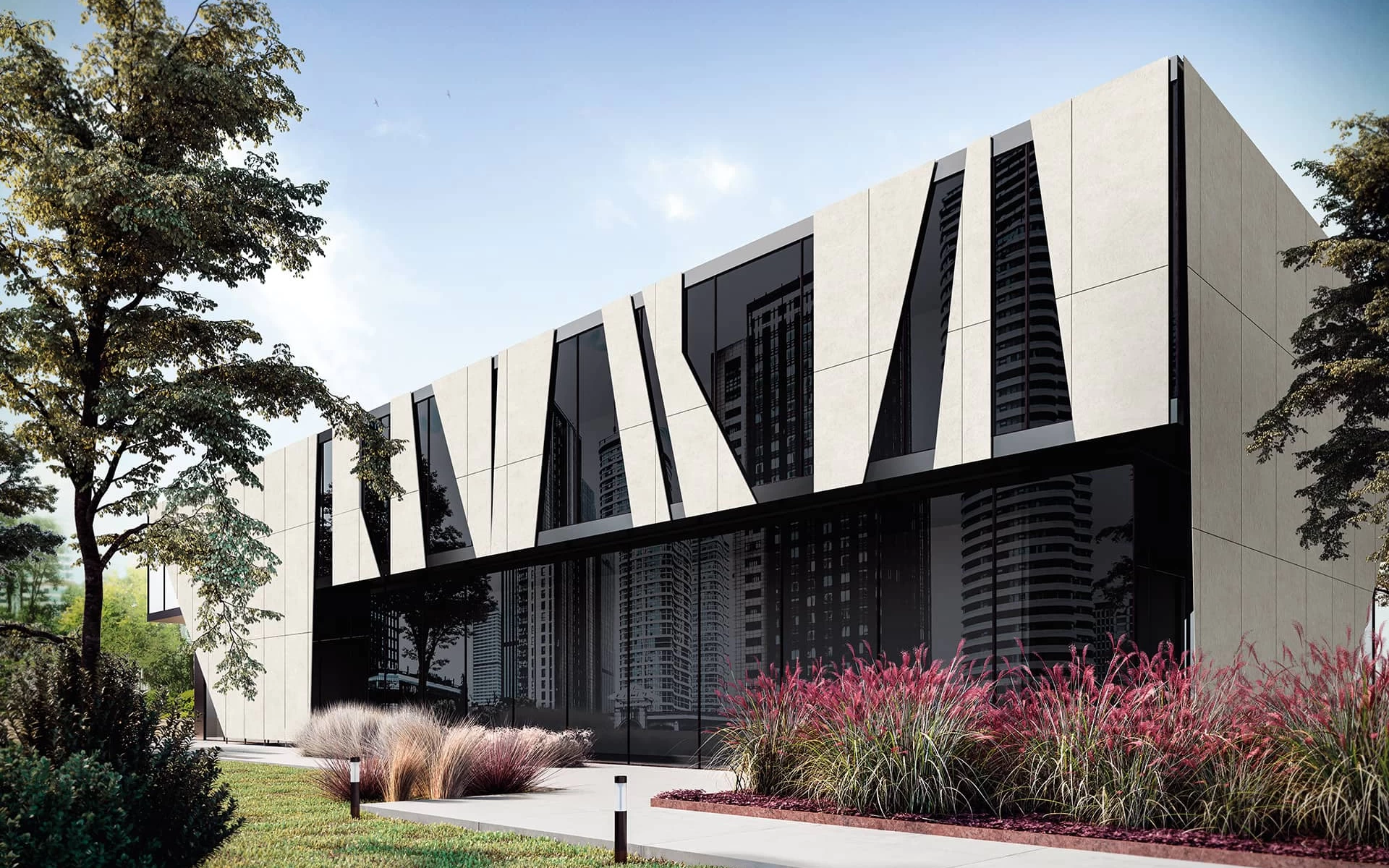 Exterior façade of a modern building clad in large-format Boost Vision Glow white concrete-look porcelain slabs by Atlas Plan.