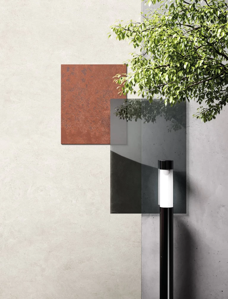 Material composition for architectural façades combining Boost Vision Glow porcelain with metallic elements and decorative cladding.