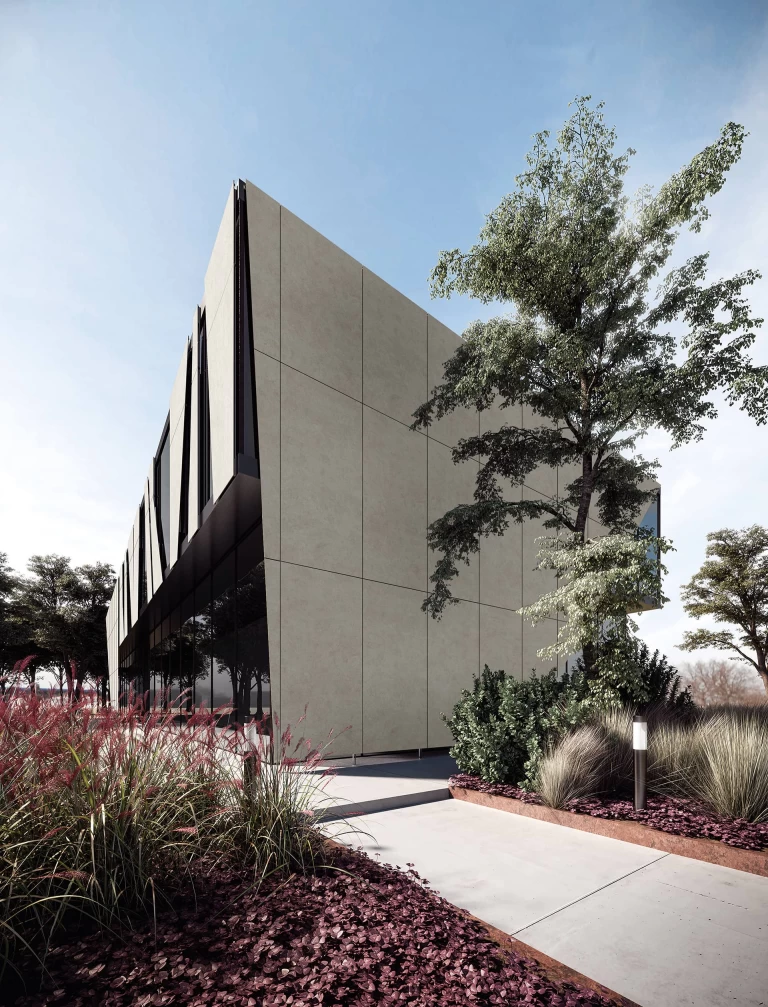 Side view of an architectural building clad in Boost Vision Glow white concrete-look porcelain, enhanced by geometric lines and dynamic shadow play.