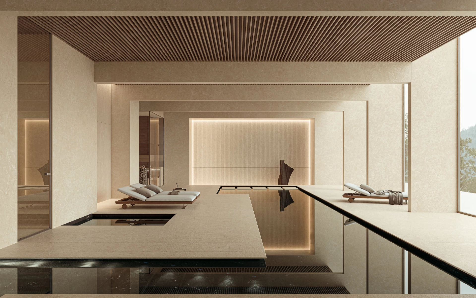 Area wellness con piscina interna, pavimenti e pareti rivestiti in gres effetto marmo Breccia Cream di Atlas Plan, per un ambiente caldo, continuo e rilassante.