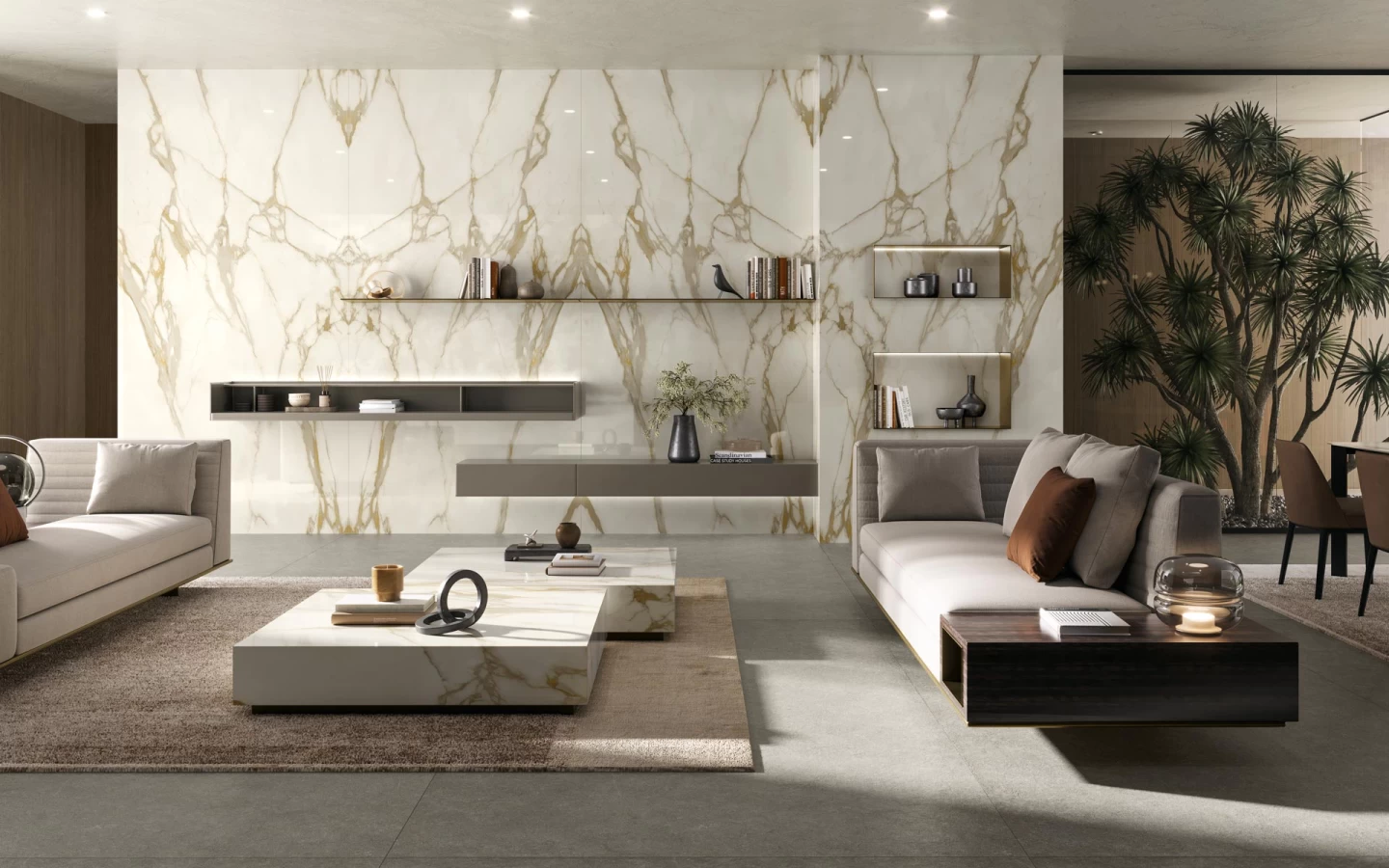 Large slabs in Calacatta Gold porcelain stoneware for elegant interiors