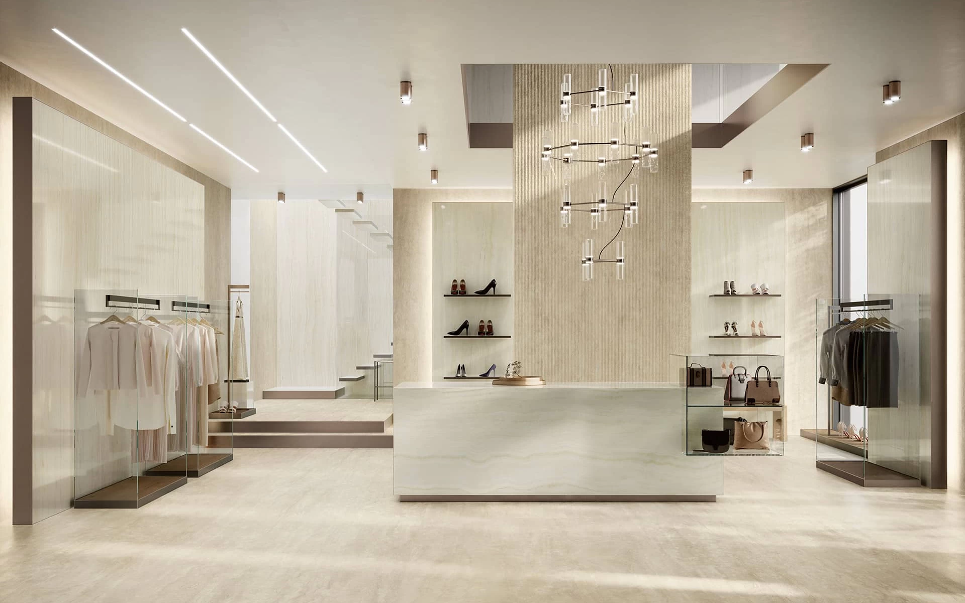 Panoramablick auf einen eleganten Showroom mit Böden und Wänden aus Onyx Ivory Feinsteinzeug in Marmoroptik von Atlas Plan, mit creme- und elfenbeinfarbenen Tönen sowie feiner Naturmaserung.