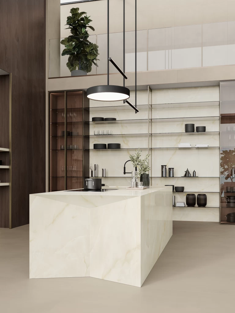 Onyx White large format porcelain stoneware slabs by Atlas Plan