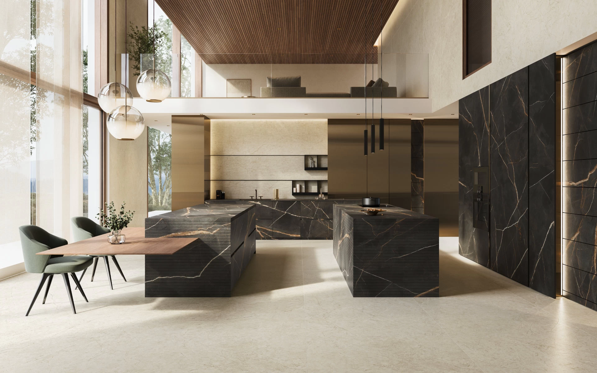 Cucina open space a doppia altezza con isole e colonne rivestite in gres effetto marmo nero Sahara Dark di Atlas Plan, in contrasto con il pavimento chiaro.