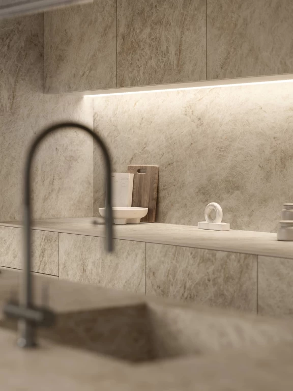Close-up of the worktop highlighting the warm, delicate veining of Taj Mahal Noisette.