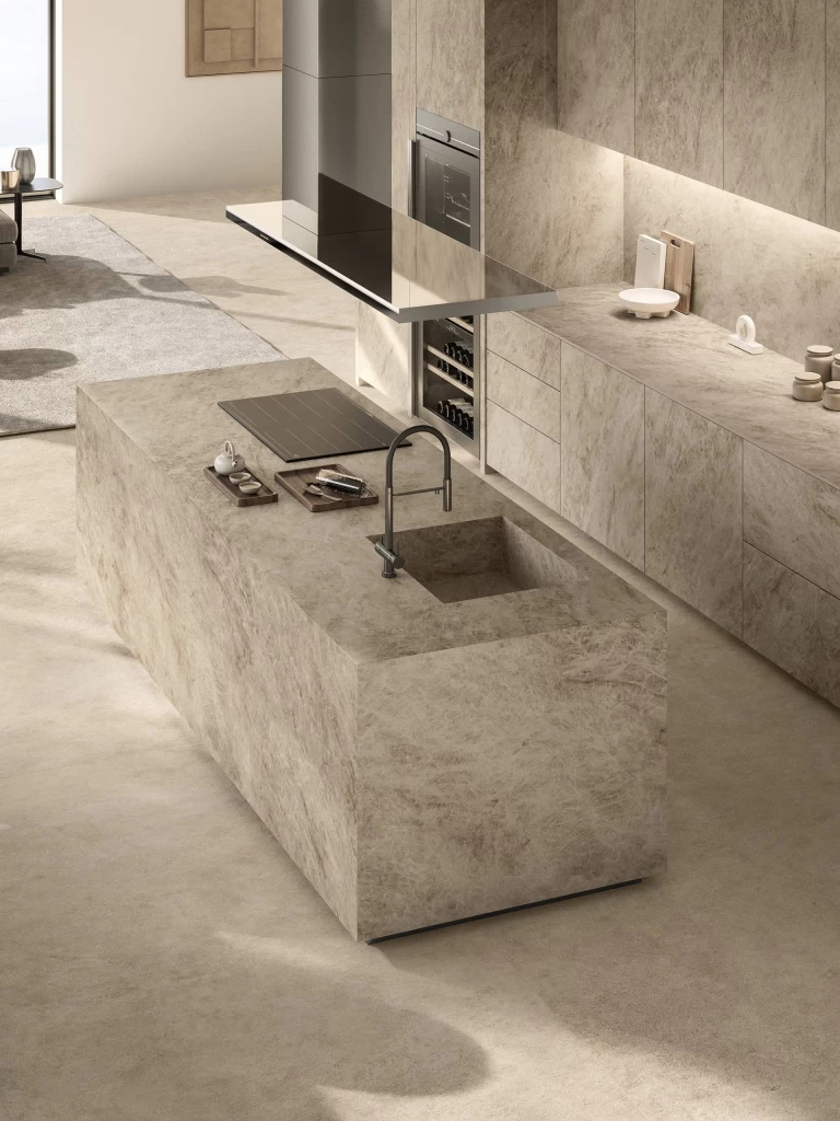 Detail of the Taj Mahal Noisette marble-effect porcelain worktop with integrated sink.