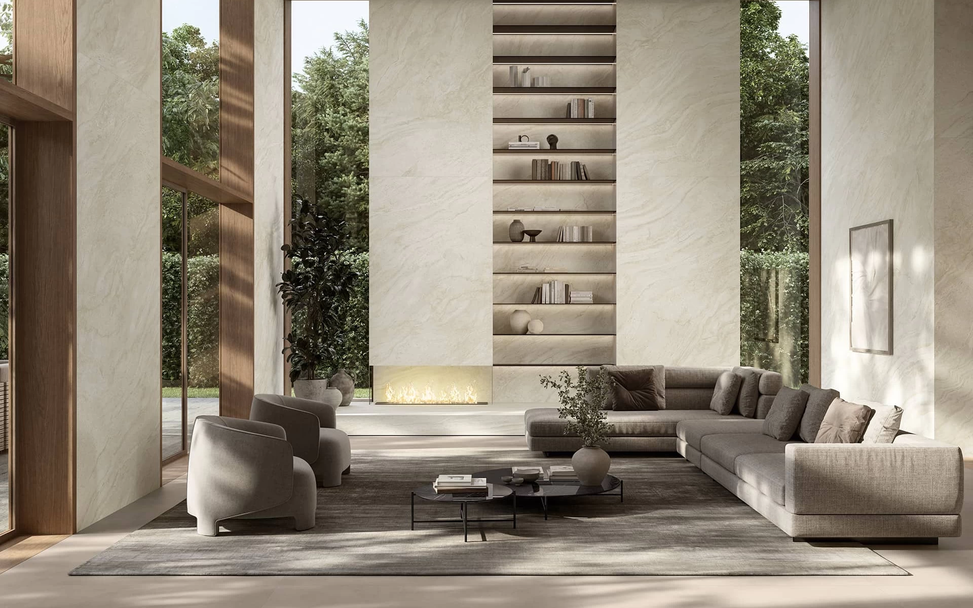 Bright modern living room with walls clad in Travertino Halo White by Atlas Plan, featuring an integrated bookcase and minimalist fireplace.