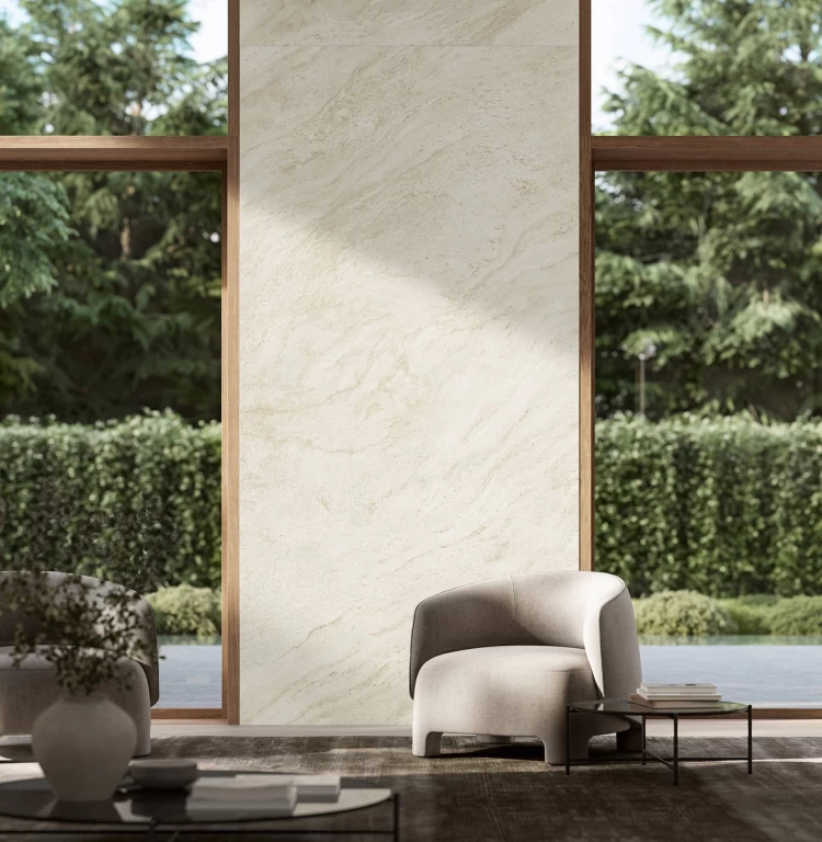 Travertino Halo White wall featuring warm tones and delicate veining, creating an elegant, minimal living area.