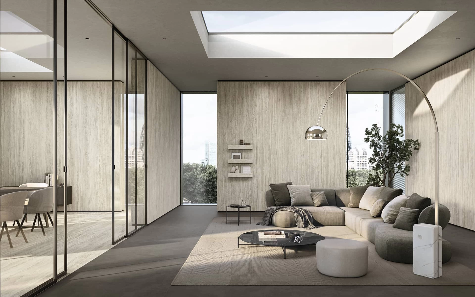 Contemporary living room with walls clad in Travertino Romano Silver and large windows enhancing natural light.