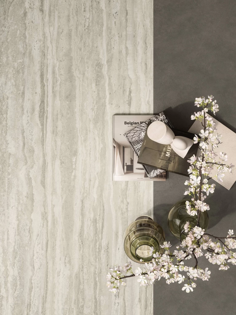 Material composition combining Travertino Romano Silver with glass accessories and contemporary design accents.