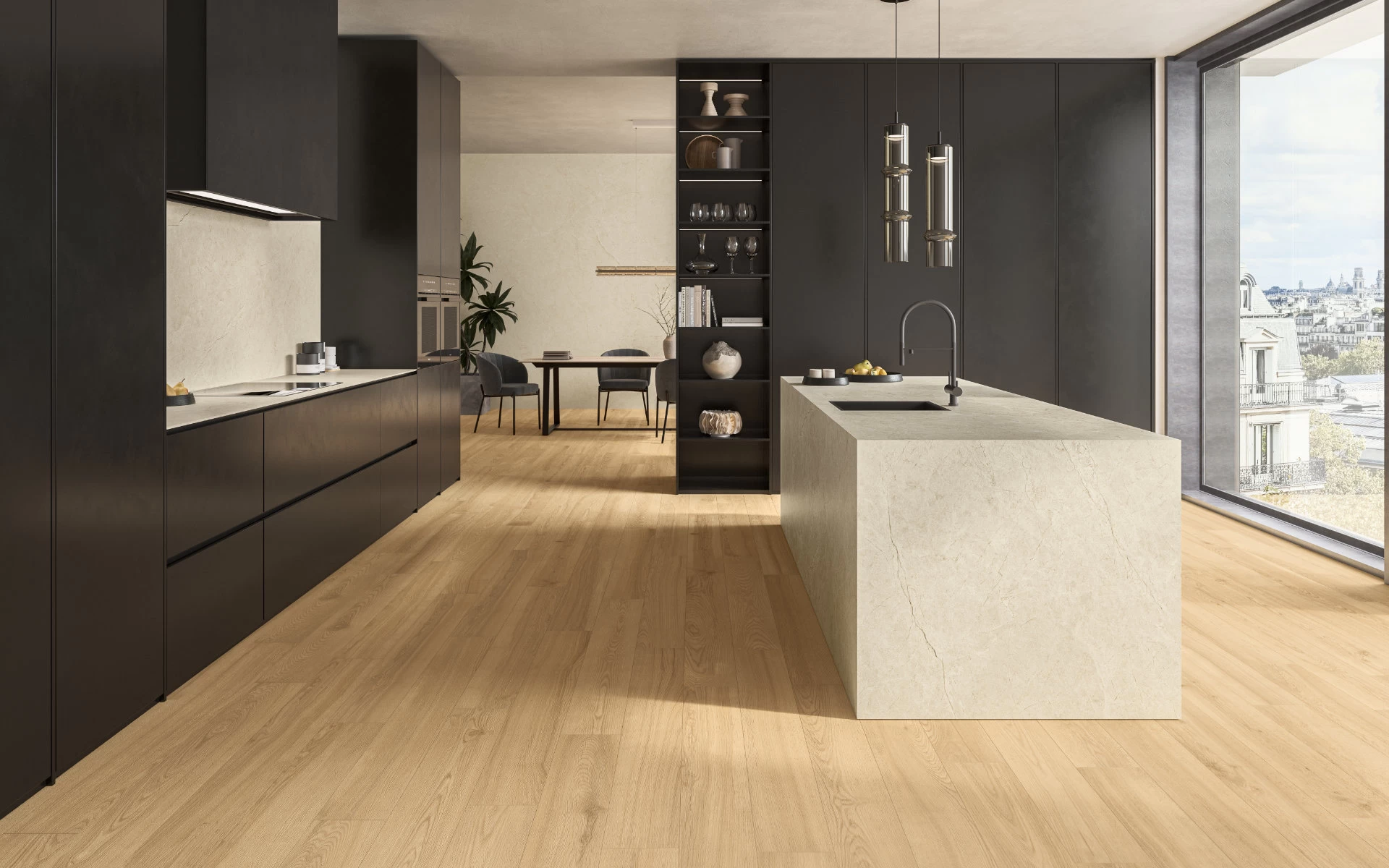 Open-plan kitchen with monolithic island and backsplash in Atlas Plan Vanilla White marble-effect porcelain, contrasting with the dark cabinet doors and wooden floor.