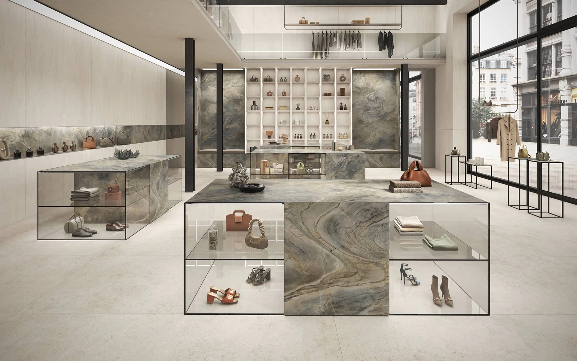 Luxuriöser Showroom mit Zephyr Feinsteinzeug in Marmoroptik von Atlas Plan, zentralem Präsentationstresen und hinterleuchteten Regalen.