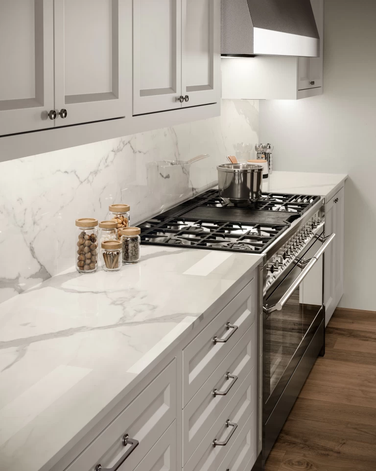 Marble look stoneware backsplash for white kitchen - Atlas Plan