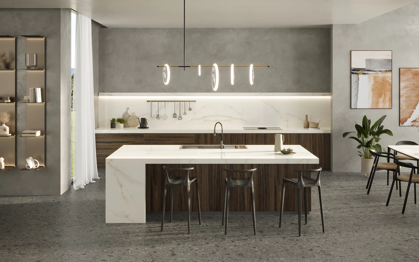 Modern linear kitchen in marble look stoneware - Atlas Plan