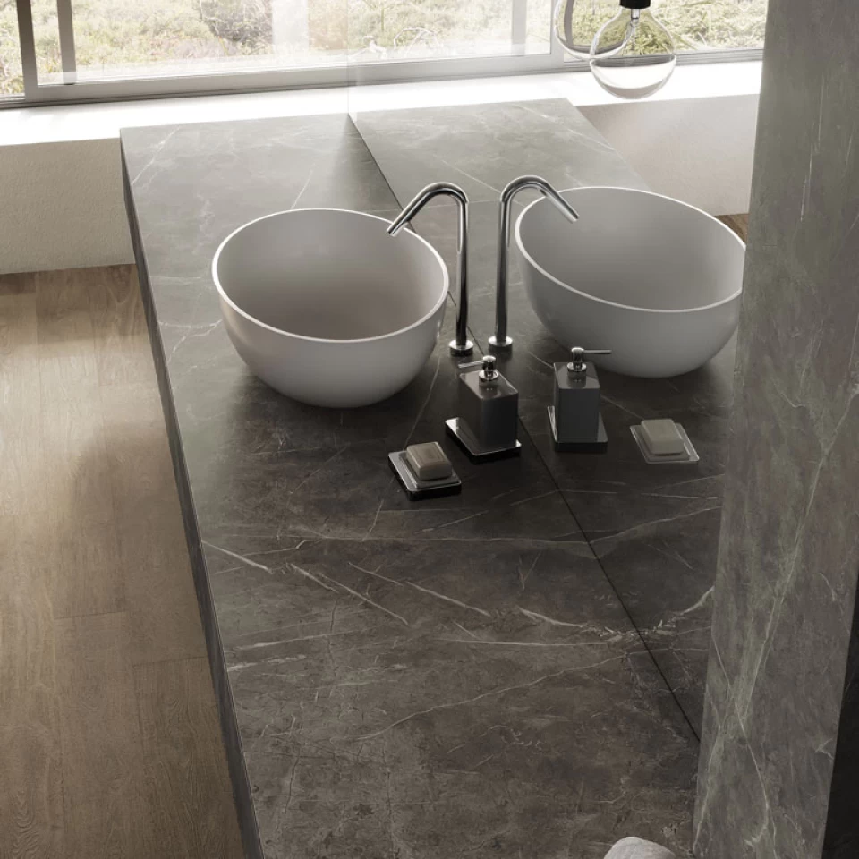Marble look bathroom vanity top with white sink - Atlas Plan