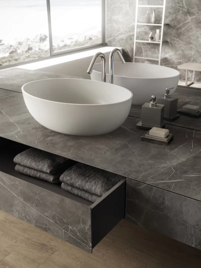 Marble look stoneware bathroom sink top - Atlas Plan