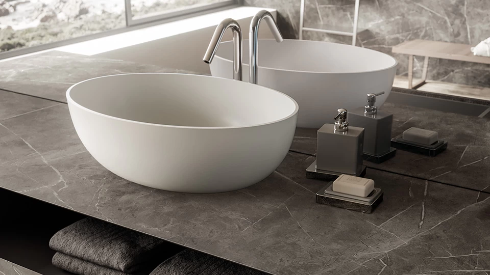 Gray marble look porcelain stoneware bathroom with sink — Atlas Plan