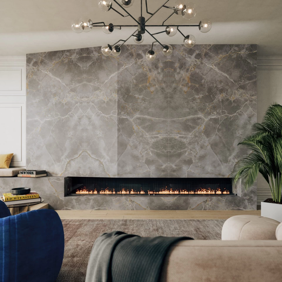 Fireplace surround clad in Atlas Plan stoneware