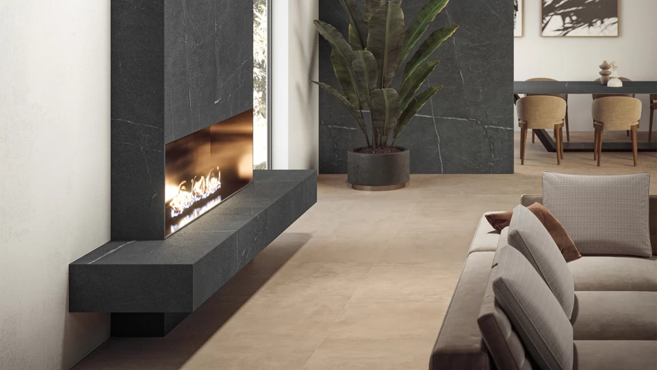 Fireplace in Atlas Plan porcelain stoneware