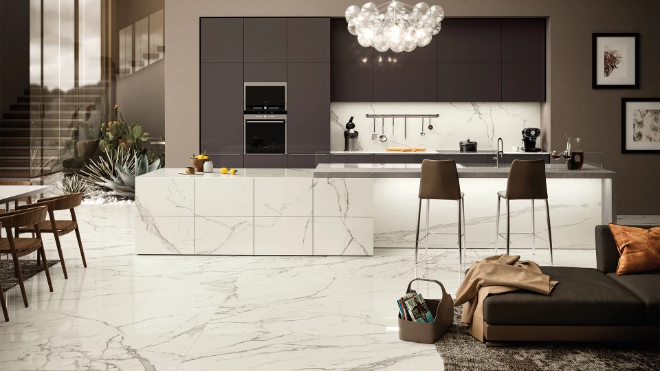 Atlas Plan open space kitchen and living room in marble-effect porcelain stoneware