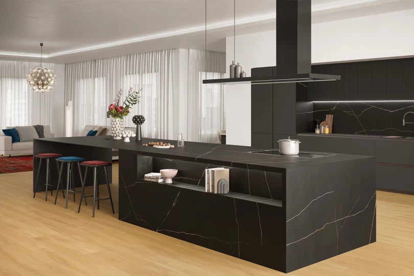 Modern black kitchen with marble-effect island Atlas Plan