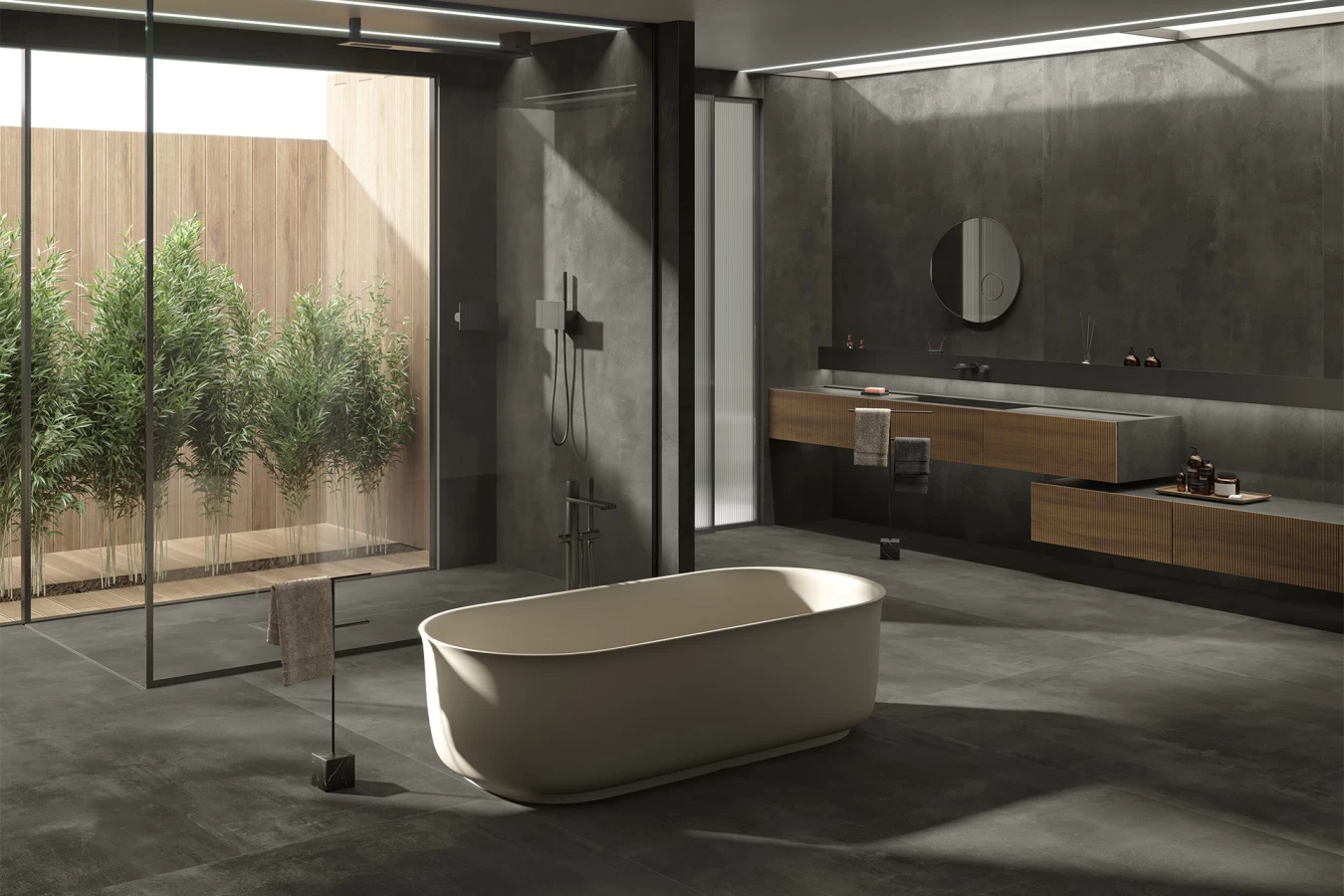 Gray porcelain tile bathroom with shower and tub Atlas Plan