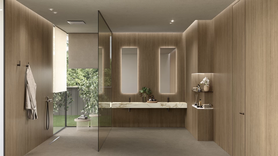 Revêtements pour salles de bains avec un carrelage effet bois Noce Canaletto – Atlas Plan