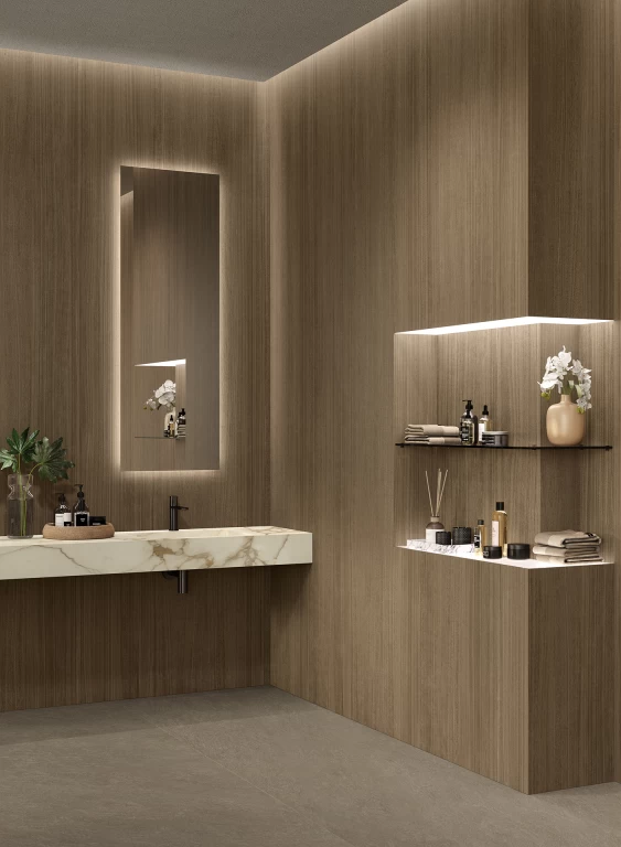 gres effetto legno Atlas Plan per pareti con specchio e top per il bagno in marmo