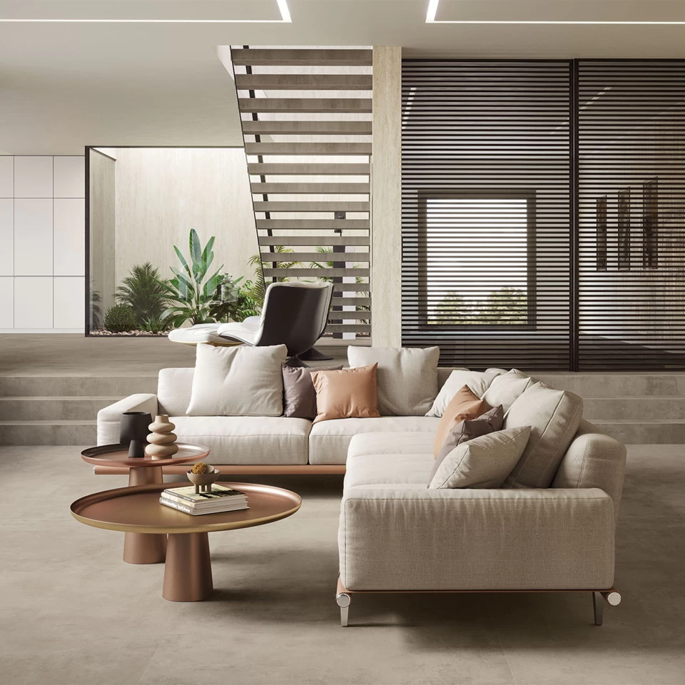 Modern living room with Travertino Sand porcelain tiles – Atlas Plan