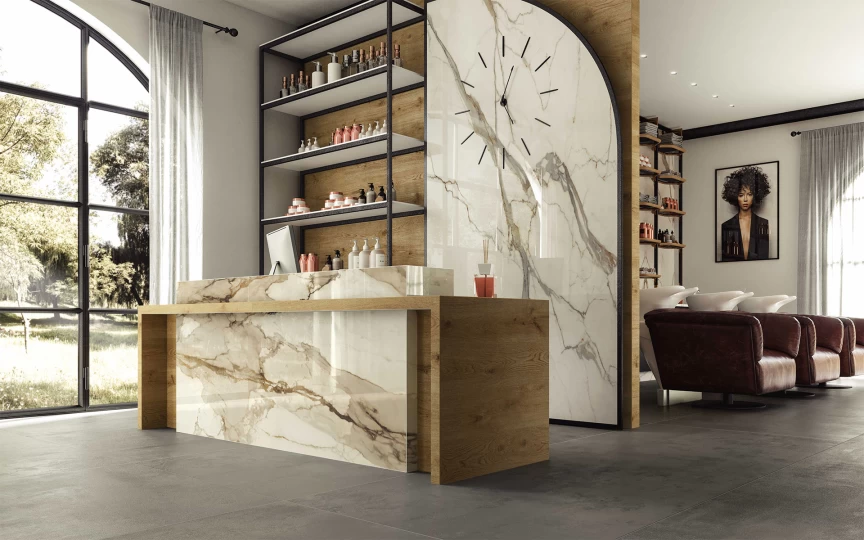 Countertop and wall covering with Calacatta Imperiale large lappato porcelain tiles – Atlas Plan