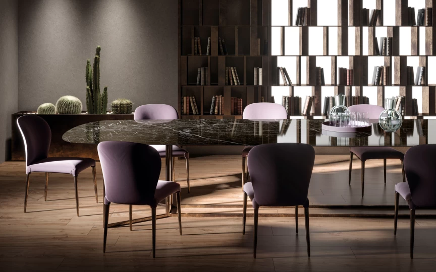 Table de salon avec un carrelage en grès cérame effet marbre Nero Marquina – Atlas Plan