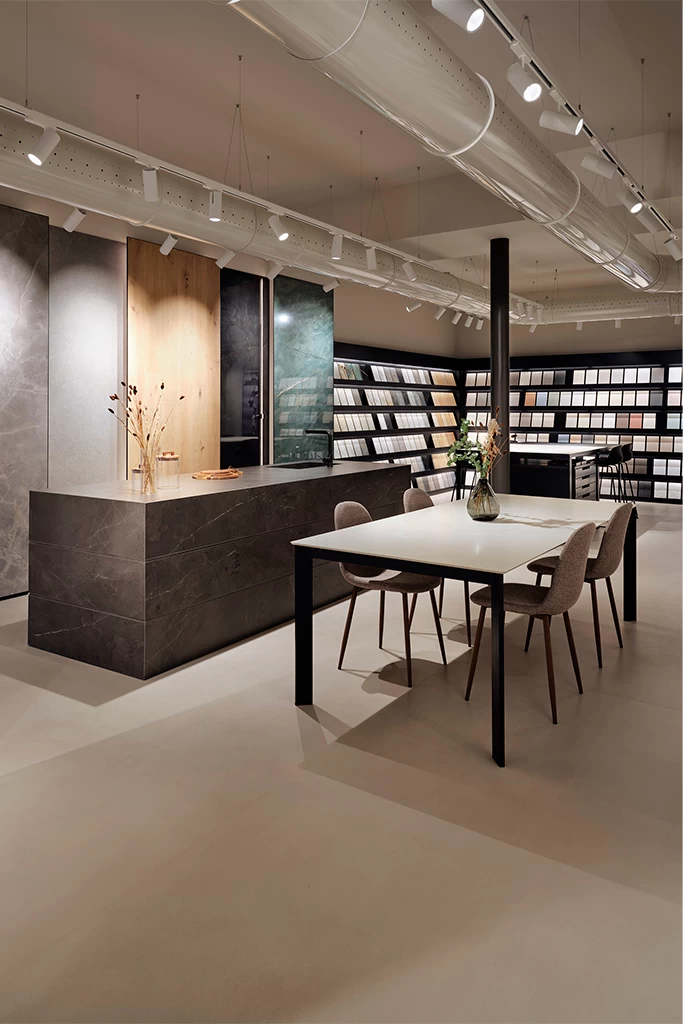 Porcelain tile collections displayed at the Atlas Plan Studio in Paris.