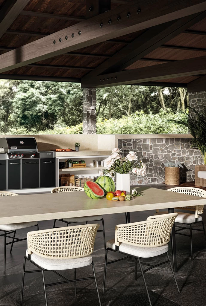 Outdoor kitchen with porcelain top table