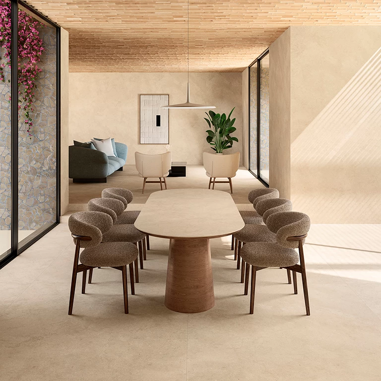 A large format slab dining room table surface