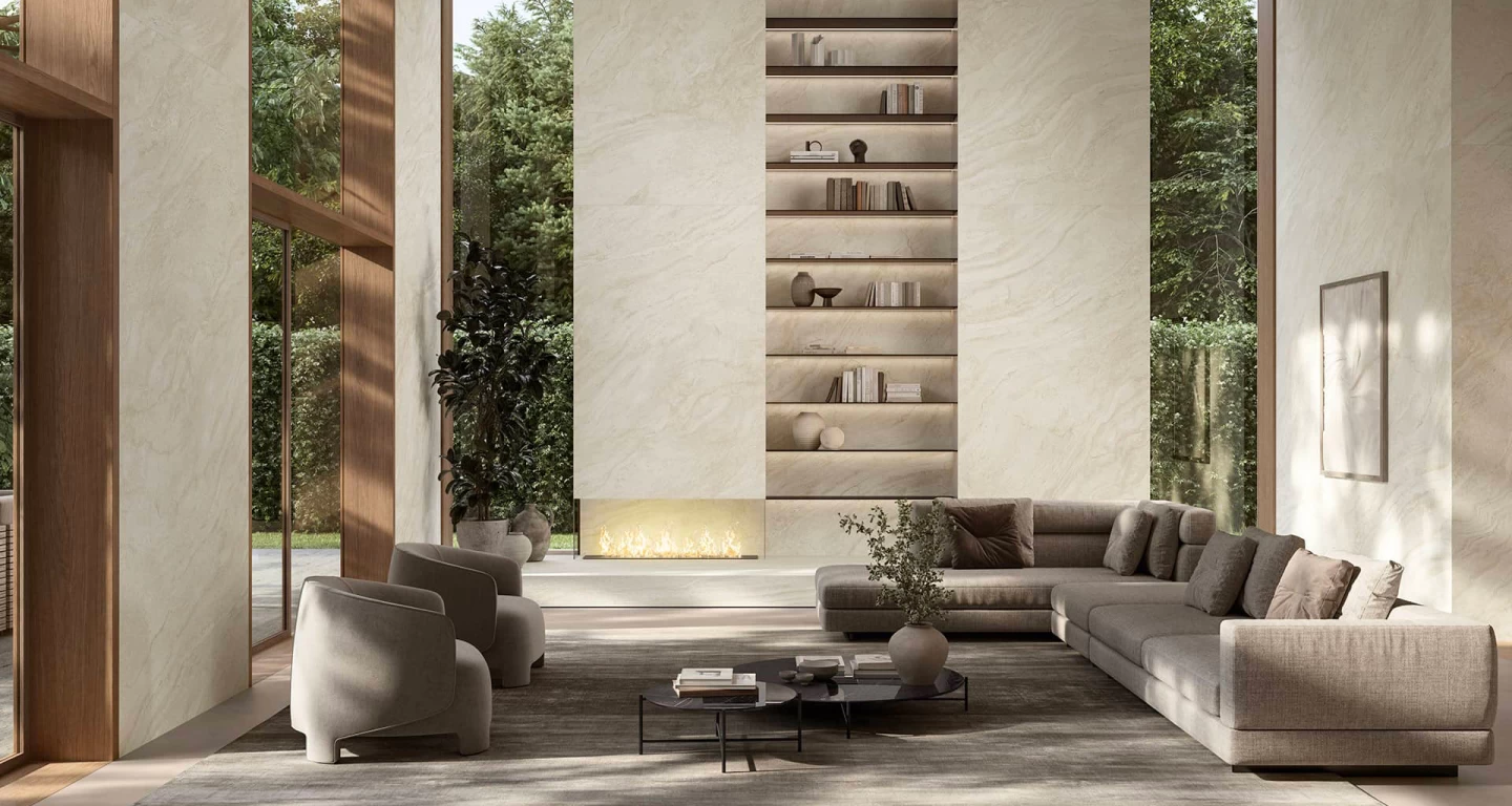 Contemporary living room with porcelain stoneware wall coverings