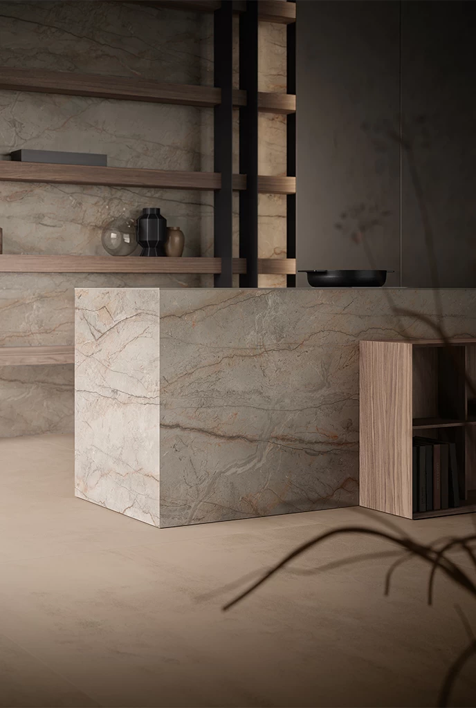 Monolithic porcelain stoneware island inserted into a contemporary open space