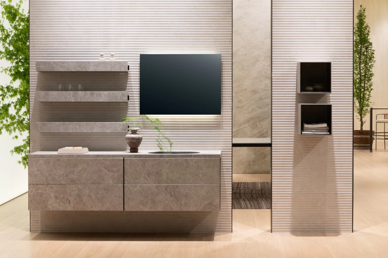 Floating bathroom vanity in Atlas Plan porcelain slabs with integrated sink and modern shelves