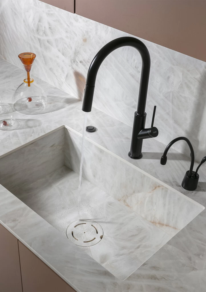 Crystal White porcelain stoneware surfaces for delicate and refined settings - Atlas Plan