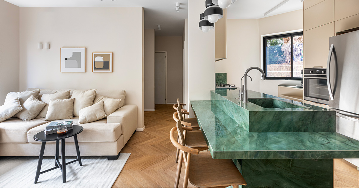 Unique style for a contemporary kitchen with island in Exotic Green